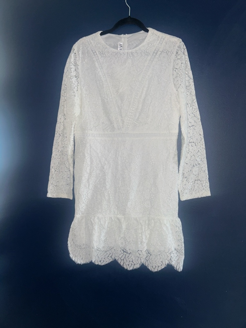 JJs House White Lace Long Sleeve Girls Dress with Scalloped Hem